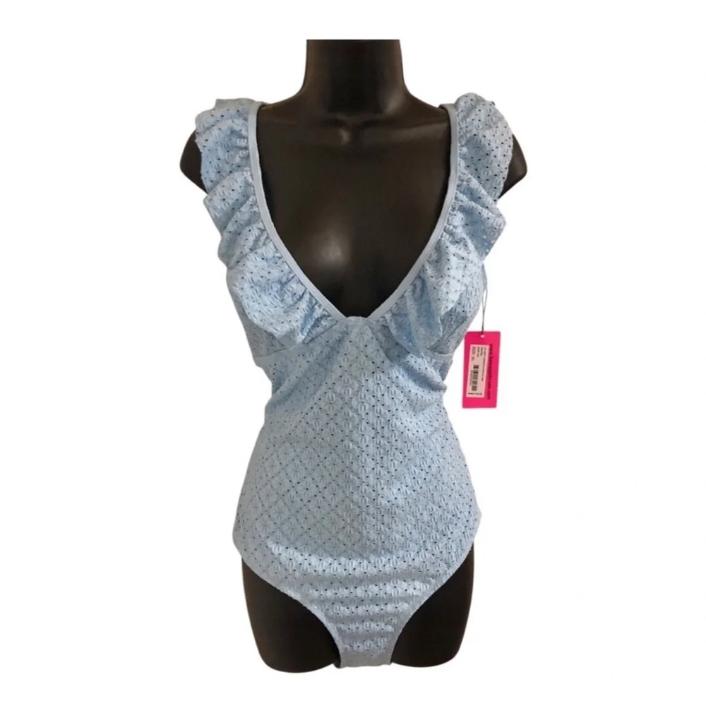 Betsey Johnson Clear sky blue 1piece Ruffle strap eyelet Swimsuit size small new